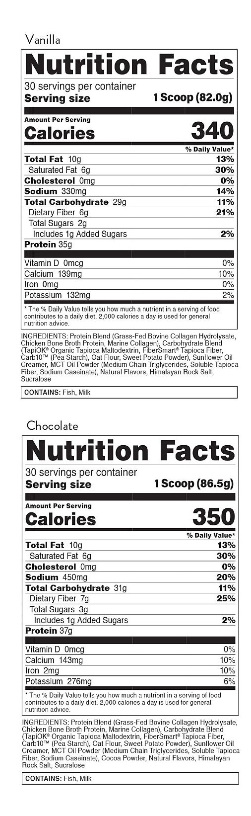Nutritional facts for vanilla and chocolate flavors show calories, sugars, protein, vitamins, fat content, ingredients are listed including allergen info.