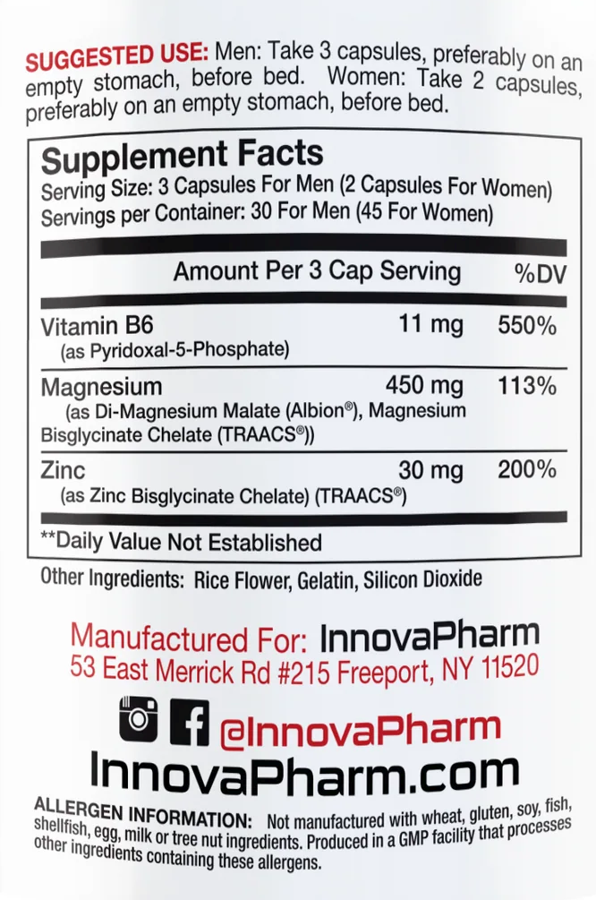 Package label of InnovaPharm's supplement with usage instructions, serving sizes, ingredients and allergen information.
