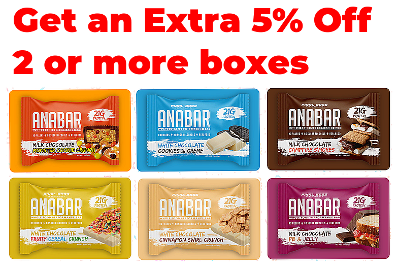 Advert for an Extra 5% off on purchase of two or more boxes of ANABAR whole food performance in various flavours like milk chocolate and white chocolate.