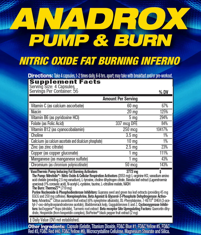 Anadrox Pump & Burn Nitric Oxide Fat Burner - Supplement facts, directions, and ingredients breakdown with 56 servings per container.