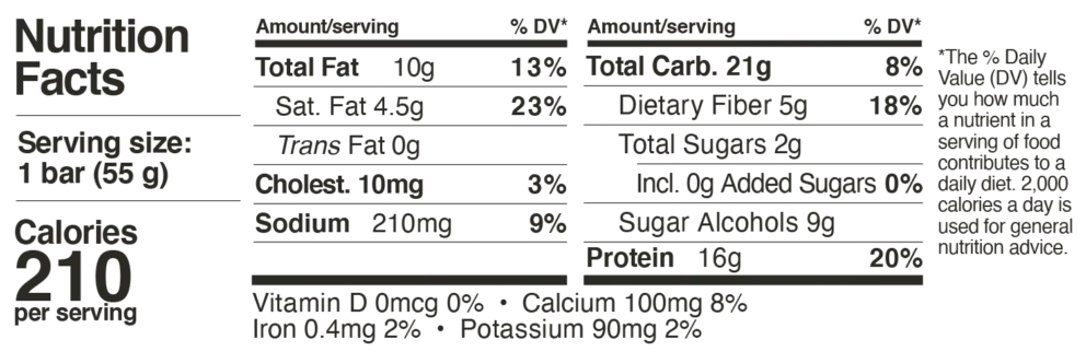 Nutrition label for a 210-calorie snack bar showing data for fats, sodium, carbs, sugars, fiber, protein, and various vitamins and minerals.