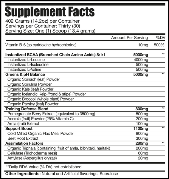 Supplement facts such as grams, servings per container, serving size, and a list of ingredients like various vitamins, greens, training defense blend, support boost, and other ingredients.