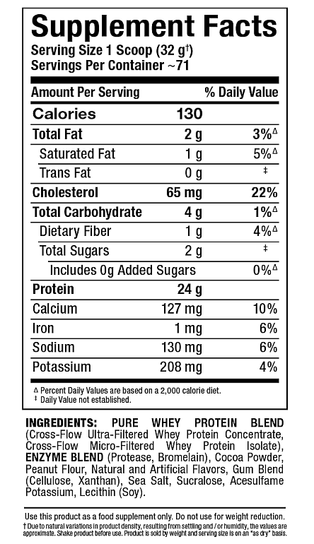 Nutritional label for whey protein blend. Contains dietary facts including serving size, calories, fats, sodium, protein, etc. Also lists ingredients.