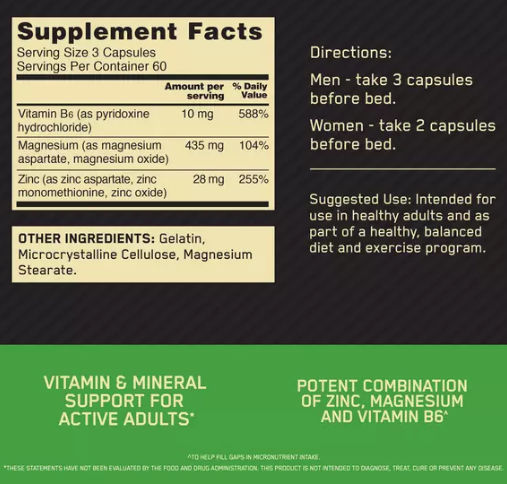 Supplement facts and direction for use of zinc, magnesium, vitamin B6 capsules for active adults to support micronutrient intake.
