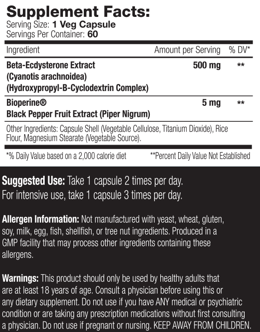 Supplement facts for veg capsules containing Beta-Ecdysterone and Bioperine. Manufactured allergen-free, usage warnings included.