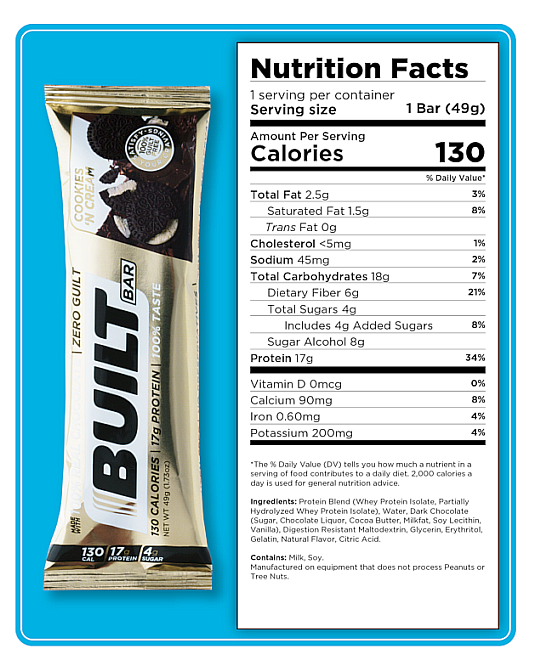 Cookies 'n Cream protein bar with 130 calories, 17g protein, 4g sugar. Contains whey protein, dark chocolate and natural flavors.