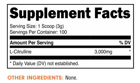 Supplement facts for L-Citrulline with a serving size of 1 scoop (3g); 100 servings per container.