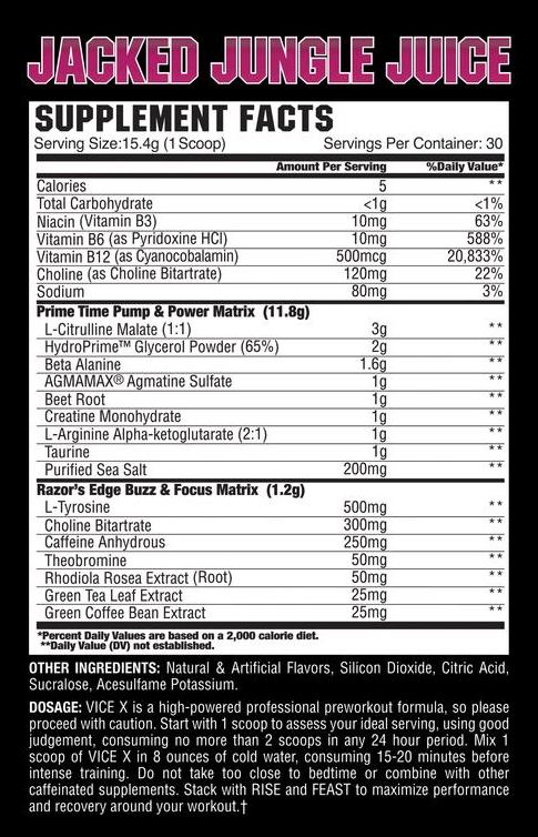 Nutritional information for JACKED JUNGLE JUICE SUPPLEMENT including vitamins, choline, sodium, and ingredients for pump, power, buzz, and focus. Contains 30 servings.