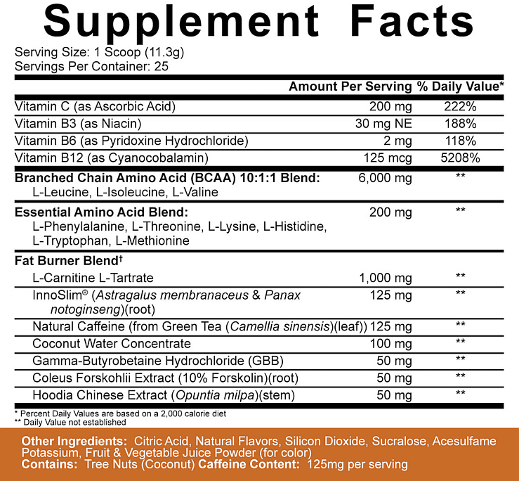 Supplement facts for a meal replacement powder including vitamins, branched-chain amino acids (BCAA), essential amino acids, and a fat burner blend. Contains nut allergens.
