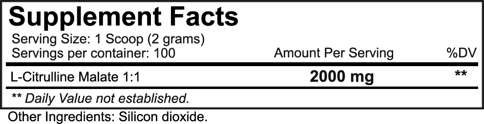 Supplement facts for L-Citrulline Malate 1:1 with serving size of 2 grams per scoop, 100 servings per container.