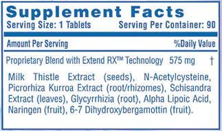 Nutritional label showing a proprietary blend of various extracts and acids in a 575mg tablet, 90 servings per container.