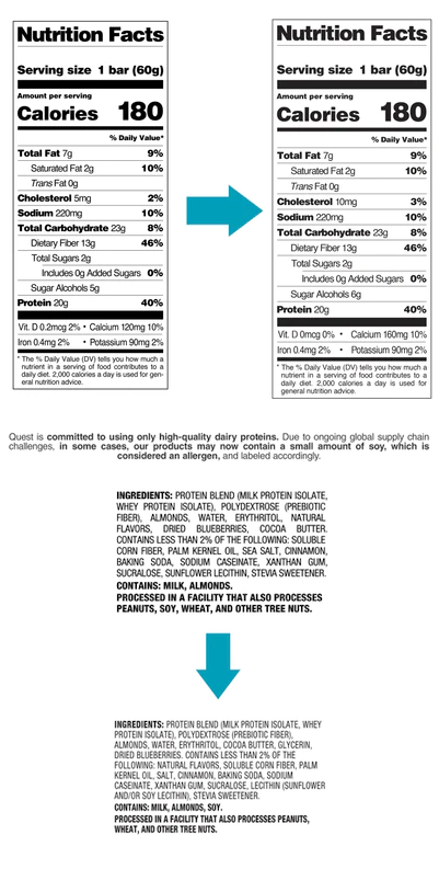 Nutrition facts of a 60g protein bar containing 180 calories, 7g total fat, 23g carbs, 20g protein including other nutritional values & ingredients.