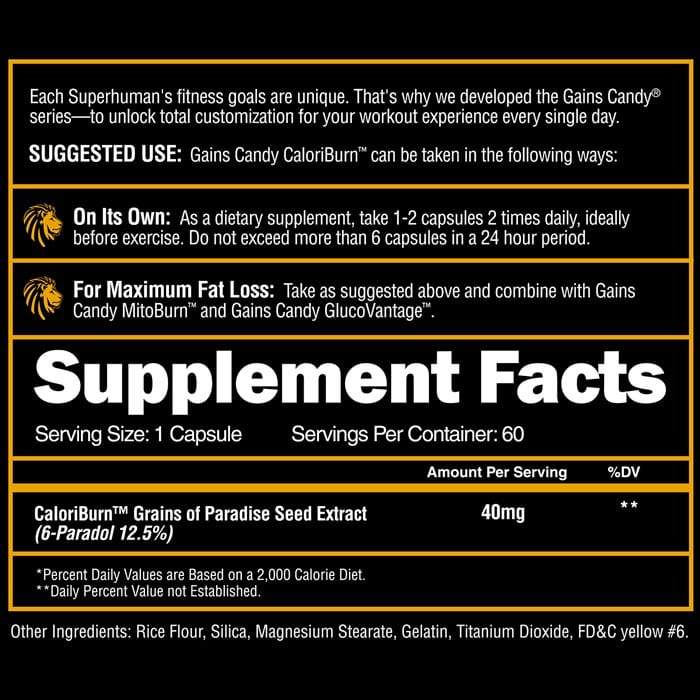Superhuman's Gains Candy CaloriBurn fitness supplement offers customizable workout experience and supports maximum fat loss when combined with other Gains Candy products.