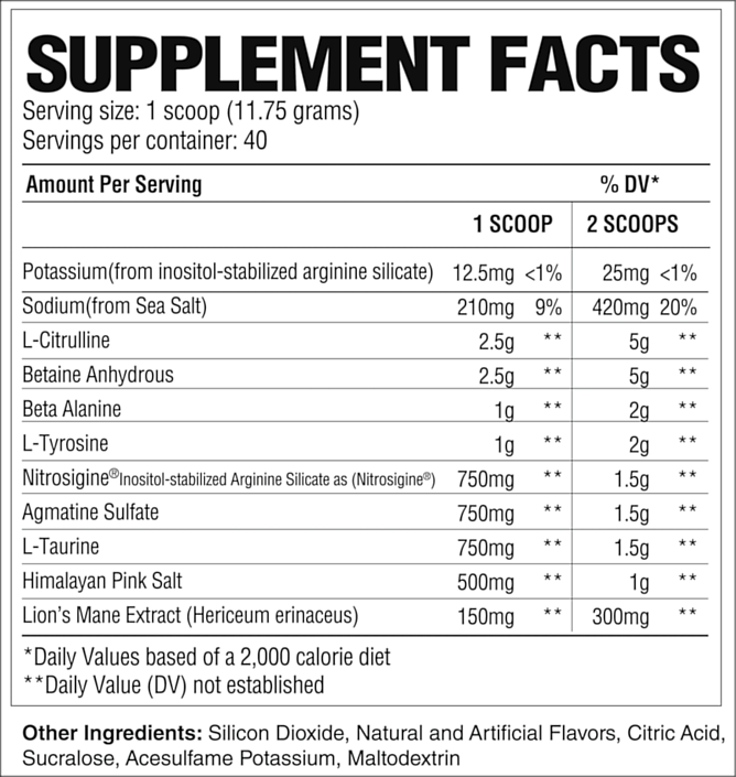 Supplement facts label detailing serving size, ingredients, and percentage daily values of a dietary powder mix.