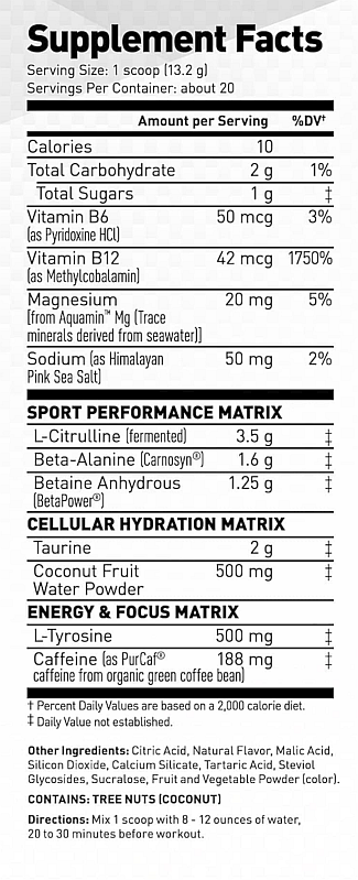 Supplement facts and ingredients for a performance booster, containing vitamins, minerals, and other compounds. Directions instruct to mix with water before a workout.