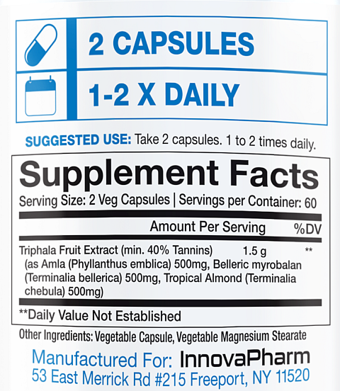 Label for a supplement suggesting a daily intake of 2 capsules, 1-2 times, with Triphala fruit extracts. Manufactured by InnovaPharm.