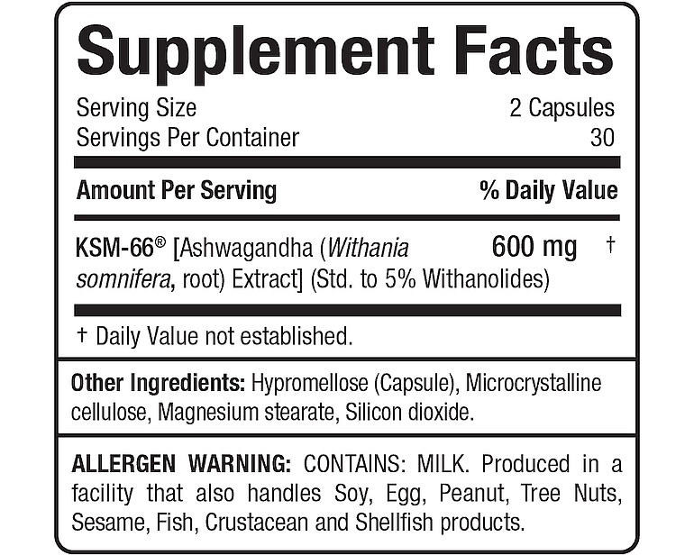 Nutrition info for 2 capsule serving of Ashwagandha extract supplement; allergen warning for milk and other items.
