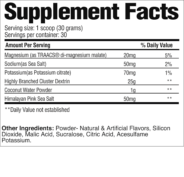 Supplement facts label showing serving size, ingredients, daily values of Magnesium, Sodium, Potassium, and other ingredients with quantities.