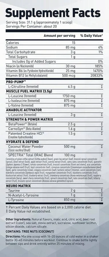 Supplement facts for a serving of a workout formula listing ingredients, nutritional values, allergens, and preparation instructions.