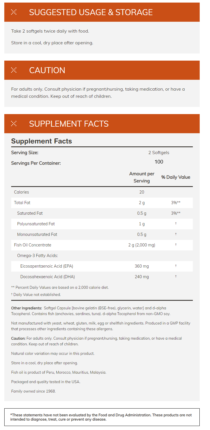 Fish oil supplement facts with dosage recommendations, caution notes for adults, and allergy information. Made in the USA, contains non-GMO soy.