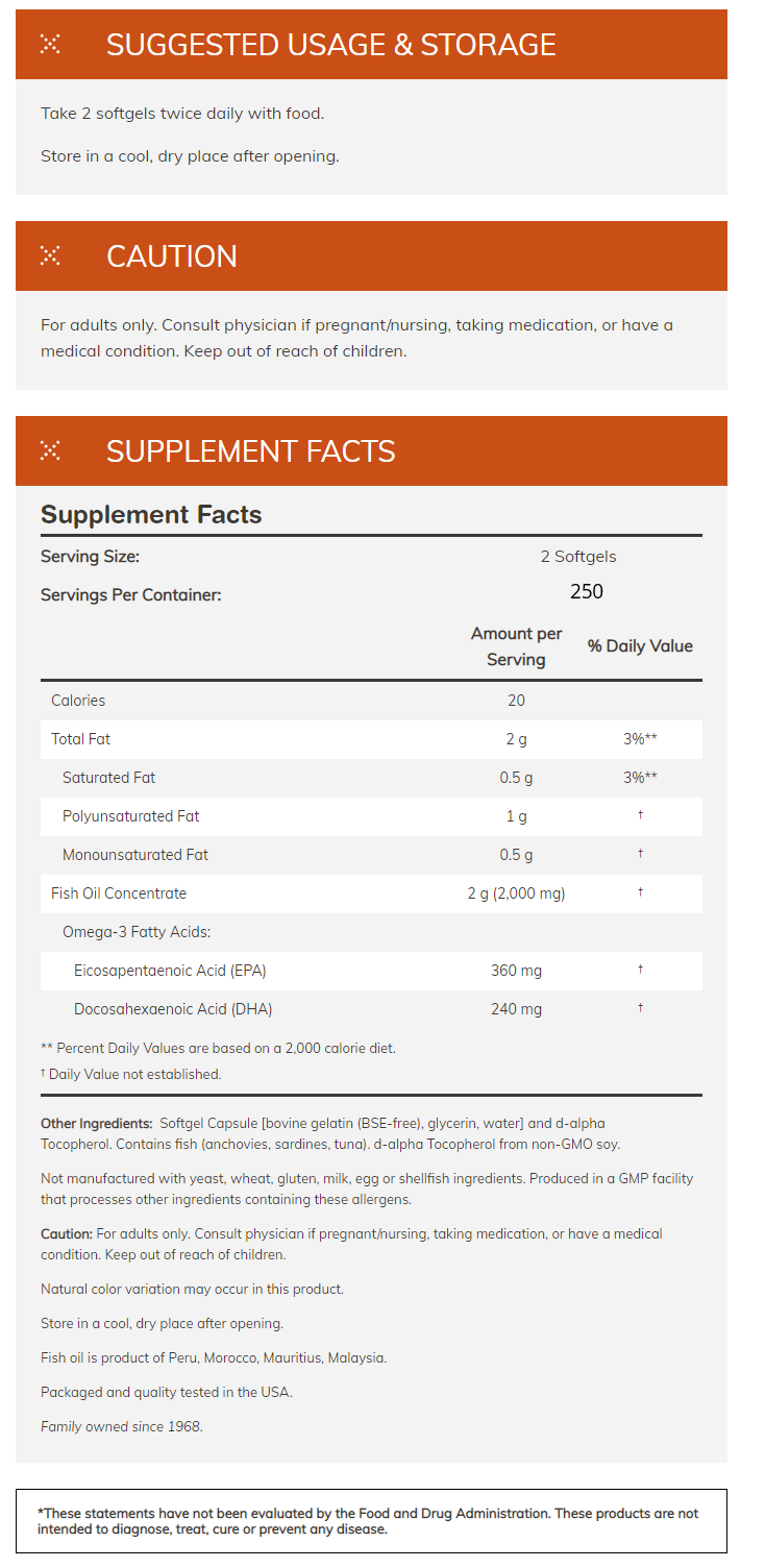 Supplement facts & usage instructions for a fish oil product with Omega-3, not made with allergens like yeast, wheat. Best for adults, consult a doctor if pregnant.