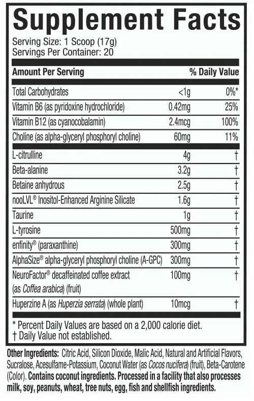 Supplement facts for a 20-serving container, per scoop includes vitamins, minerals, and various other ingredients. Also, contains coconut and is processed in a facility with potential allergens.