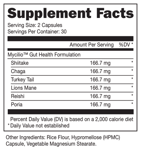 Supplement facts for Mycilio™M Gut Health Formulation including Shiitake, Chaga, Turkey Tail, Lions Mane, Reishi, Poria with rice flour, HPMC capsule.