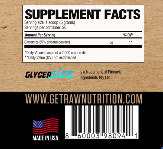 Supplement facts label showing serving size, servings per container, and main ingredient Glycersize in a 6g scoop serving.