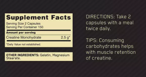 Supplement facts & directions for creatine monohydrate capsules; also includes intake tips for better muscle retention.