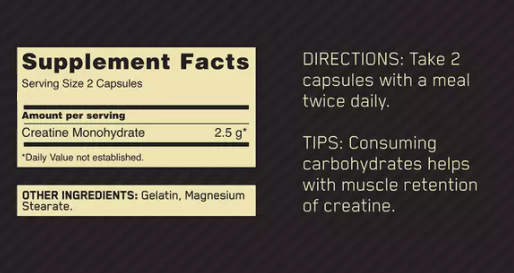 Supplement facts and directions for creatine monohydrate capsules. Also lists additional ingredients and tips.