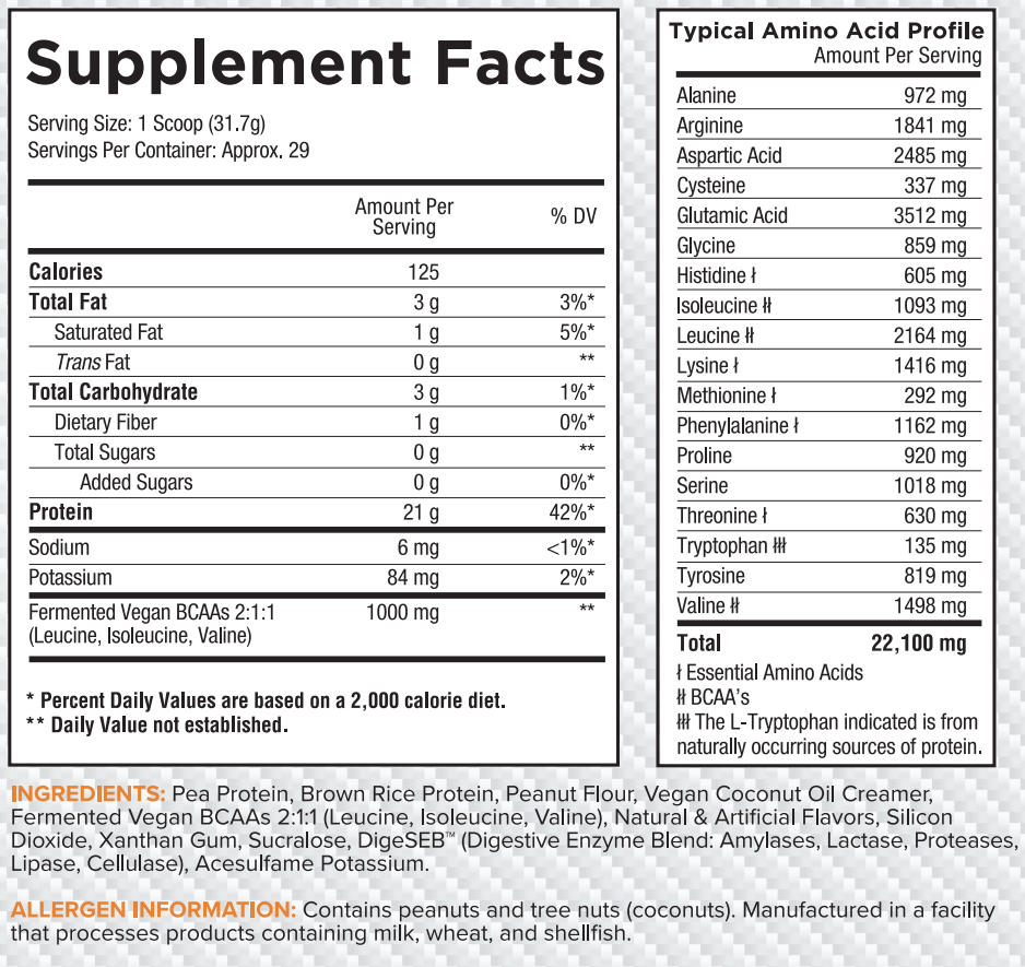 Nutritional information for a serving of vegan BCAAs supplement showing calories, fat, carbohydrate, protein content, and a list of amino acids and ingredients.