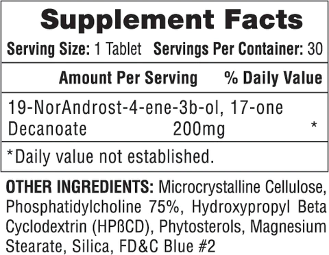 Supplement facts label showing serving size, daily values, and ingredients like 19-NorAndrost-4-ene-3b-ol, hydroxypropyl beta cyclodextrin, and FD&C Blue #2.