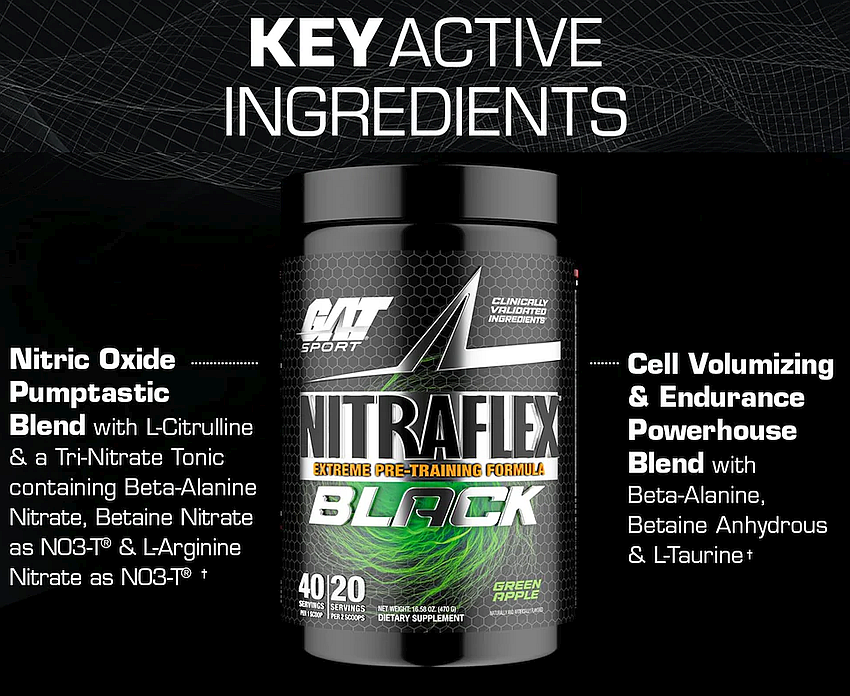 Nitric Oxide blend featuring L-Citrulline, Beta-Alanine Nitrate, and L-Arginine Nitrate, and GAT Sport Nitraflex pre-training formula in a green apple flavored dietary supplement.