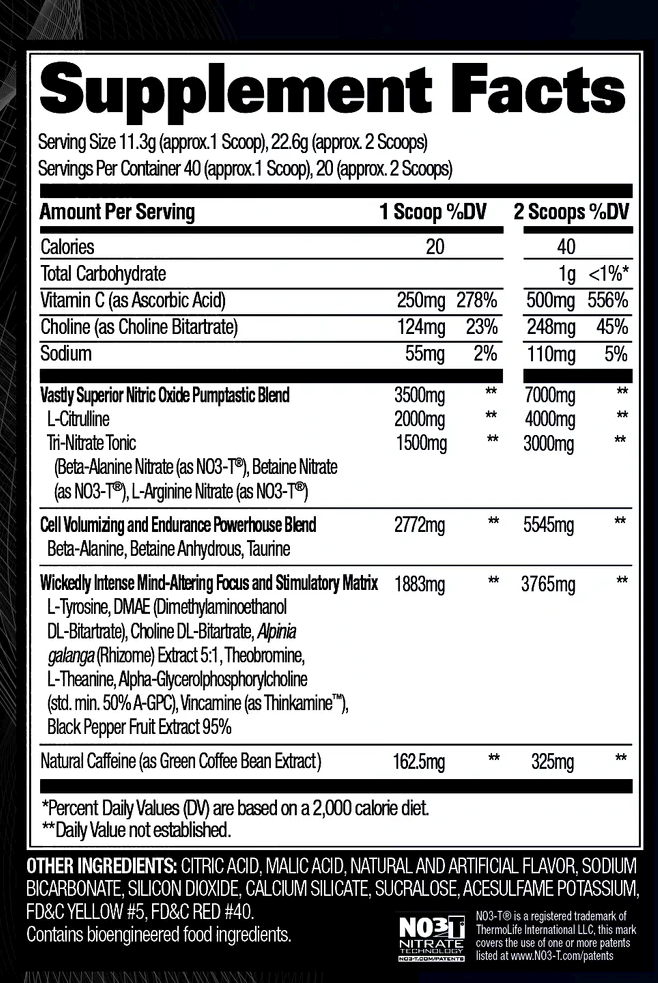 Supplement facts for a nitric oxide blend including serving sizes, amount per serving, ingredients, and percent daily values based on a 2,000 calorie diet.