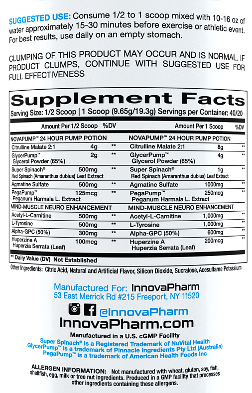 Instruction for exercise supplement use and nutritional information with ingredients from InnovaPharm. Realized in a U.S. CGMP facility.