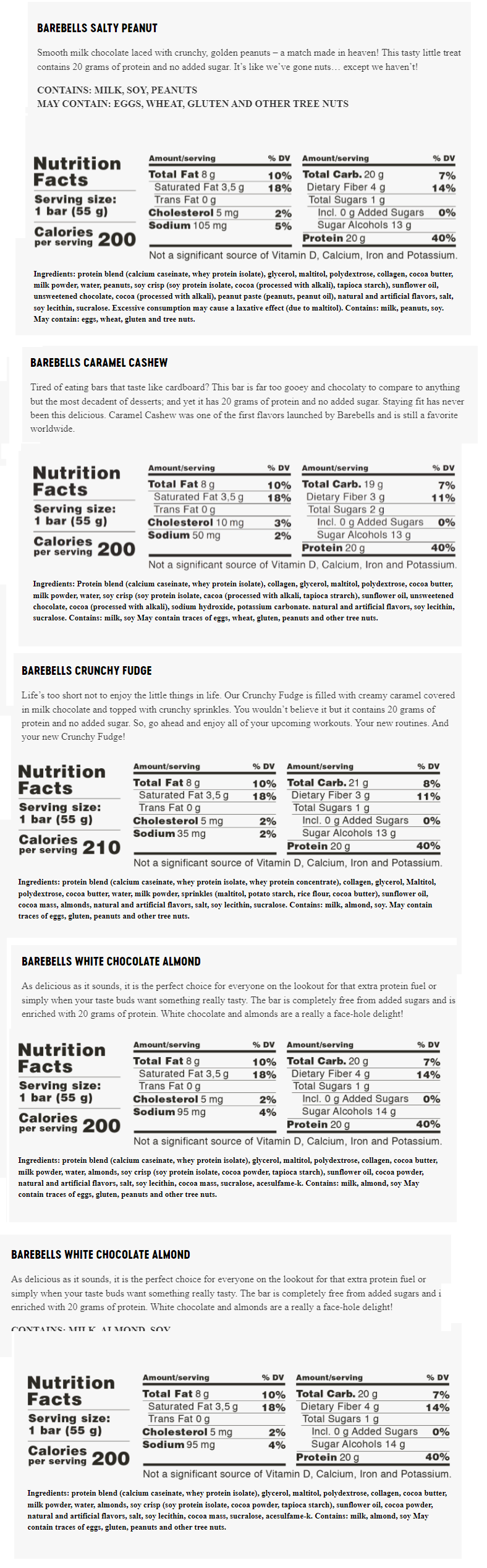 Barebells Protein Bars come in flavors like Salty Peanut, Caramel Cashew, Crunchy Fudge, and White Chocolate Almond; all are sugar-free and offer 20g protein.