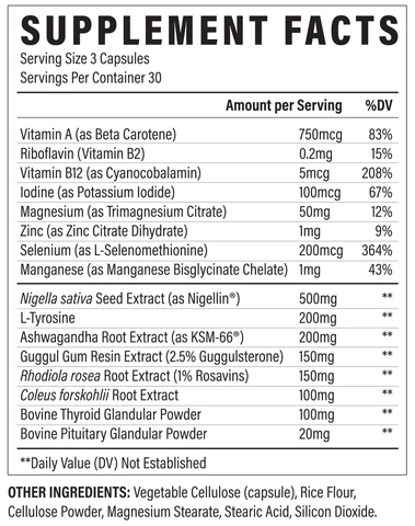 Supplement facts describing vitamins, minerals, and plant extracts in a serving of 3 capsules.