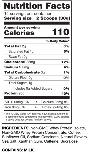 Nutrition facts for a serving of protein powder: 110 calories, 20g protein, 3g carbs, 2g fat, 1g sugar, ingredients & allergen info.
