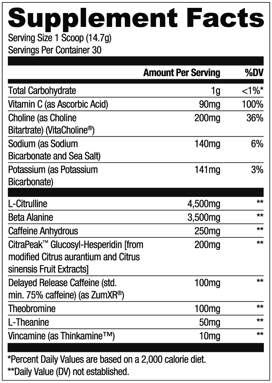 Nutritional label for a supplement showing serving size, ingredients and their amounts, and % daily values based on a 2,000 calorie diet.