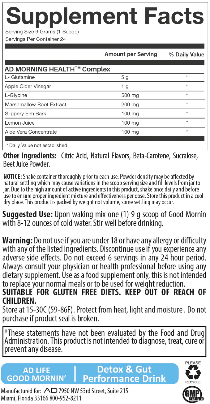 Nutritional facts for AD Morning Health, a detox and gut performance drink with a complex of L-Glutamine, Apple Cider Vinegar, and other ingredients. Instructions and warnings included.