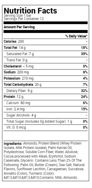 Nutrition facts and ingredients list for a protein bar, containing 200 Calories, 14g of fat, 20g carbohydrates, 12g protein per serving, made from almonds, protein blend.