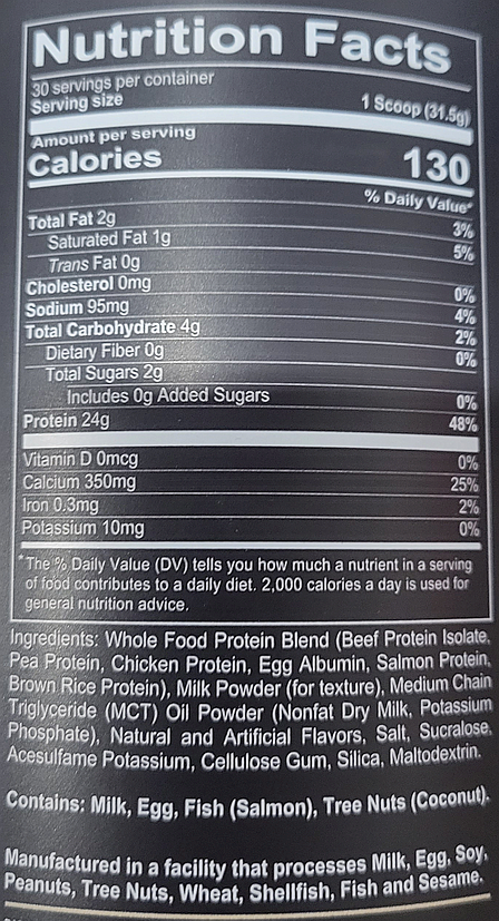 Nutrition facts for a 31.5g serving size, with 24g protein, 2g fat, 4g carbs. Contains beef, pea, chicken, egg, salmon protein, and other ingredients.