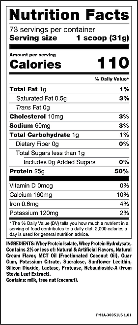 Nutrition fact label for whey protein isolate outlining calorie, fat, carbohydrate, protein, vitamin content, ingredients, and allergens.