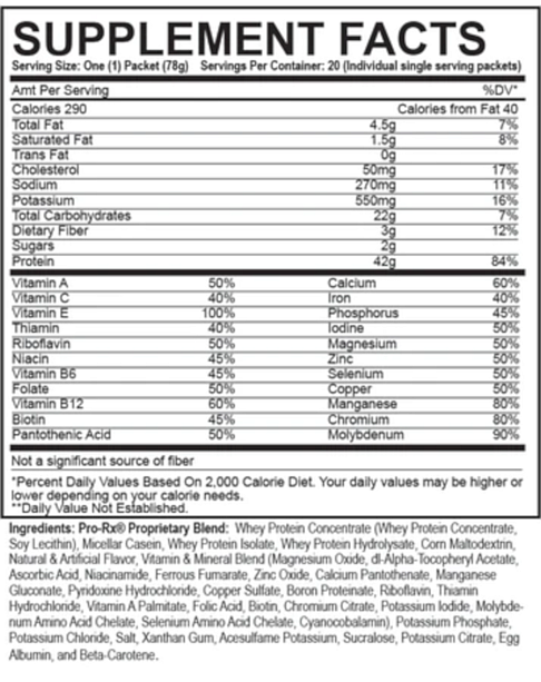 Dietary supplement facts for a product containing Whey Protein, Micellar Casein, and various vitamins and minerals. Specifies serving size and calorie details.