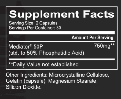 Supplement facts and ingredients for a 60-capsule bottle with a serving size of 2 capsules and 750mg Mediator® 50P per serving.