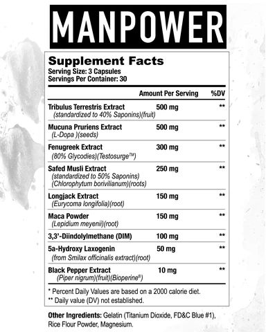 MANPOWER Supplement label showing ingredients, serving size, & %DV. Contains Tribulus Terrestris, Mucuna Pruriens, Fenugreek & more.