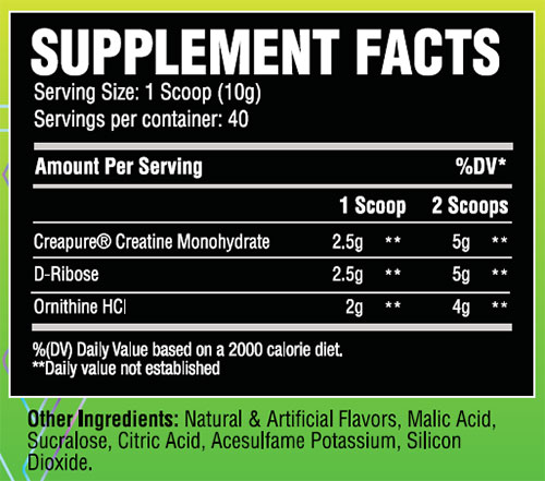 Supplement facts for a creatine monohydrate product showing the serving size, amount per serving, and the list of other ingredients.