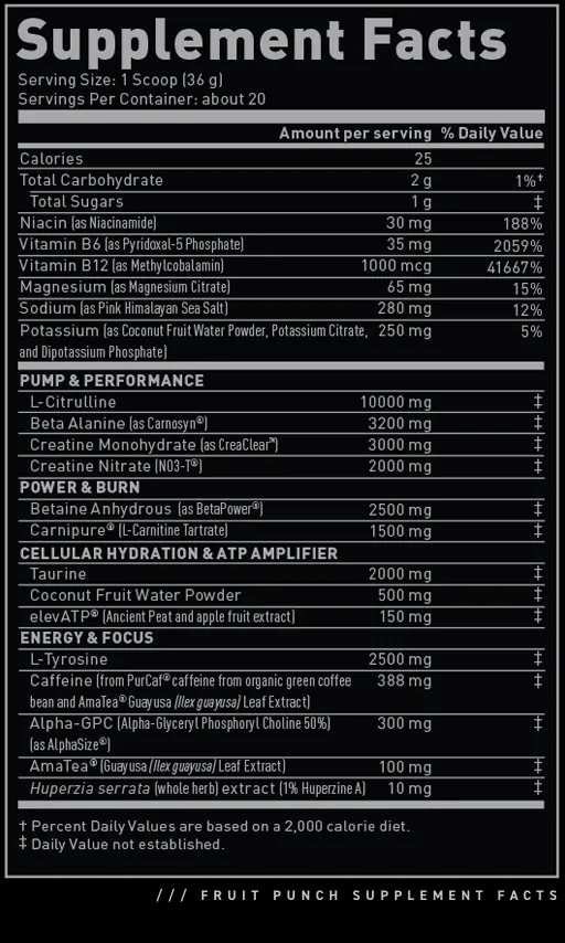 Supplement facts on fruit punch including daily values of vitamins B6 and B12, niacin, magnesium, total carbohydrate and sugars.