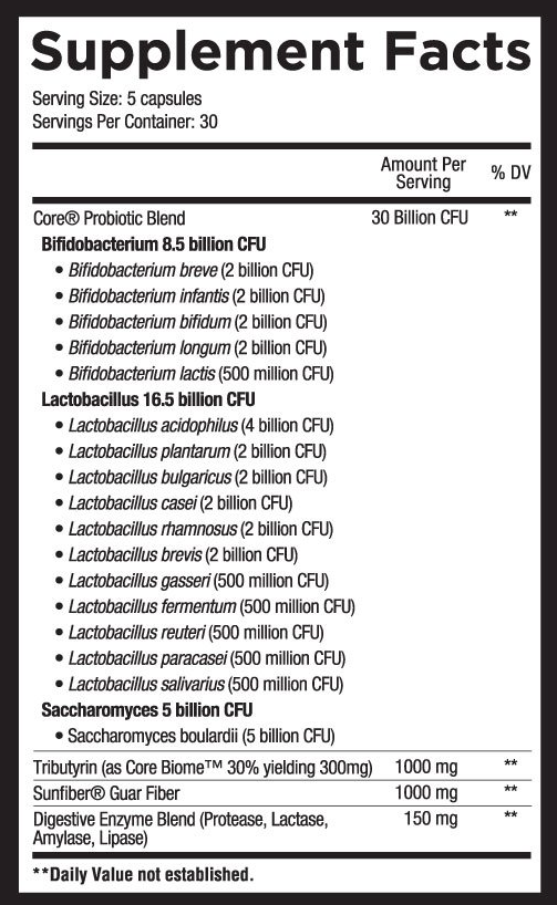 Alt text: Supplement facts showing serving size, servings per container, and a detailed list of probiotic strains and CFUs per strain, digestive enzymes, and core ingredients.