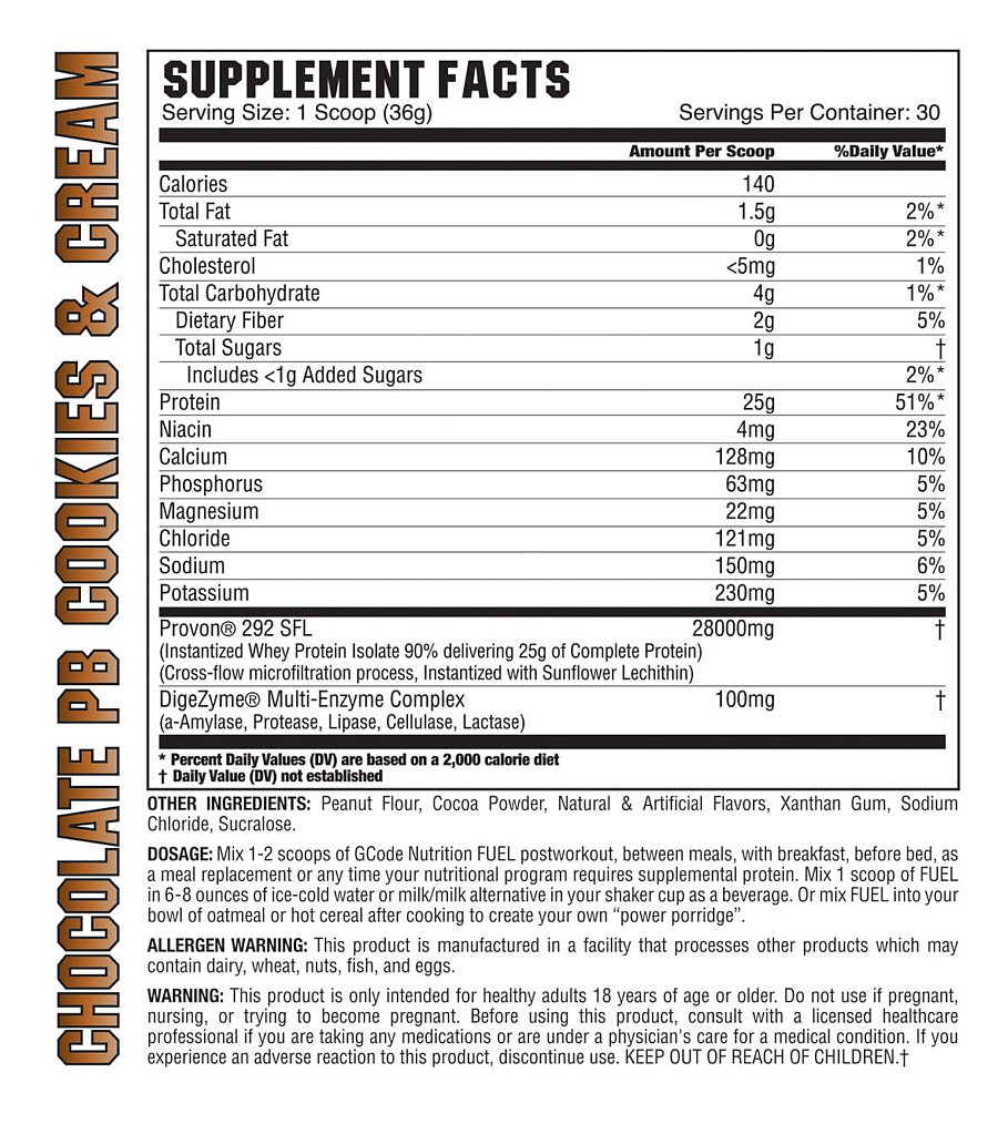 Chocolate PB Cookies & Cream supplement facts including serving size, calories, fats, proteins, vitamins & minerals, the total number of servings, and allergen warnings.